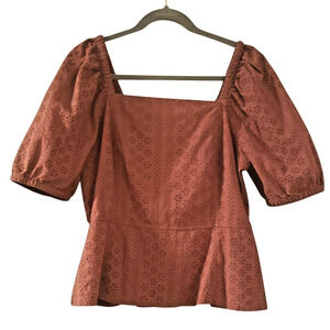 ANN TAYLOR Eyelet Peplum Top Size 10 Puff sleeve Mauve Pink Peasant Boho Cropped